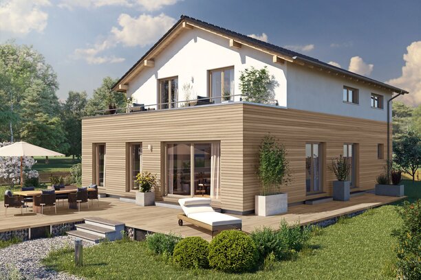 Visualisierung des FingerHaus ARTIS 350 S215 mit Holzfassade im Erdgeschoss, Satteldach, Balkon und großzügiger Terrasse im Garten.