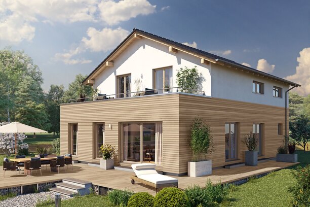 Visualisierung des FingerHaus ARTIS 350 S215 mit Holzfassade im Erdgeschoss, Satteldach, Balkon und großzügiger Terrasse im Garten.