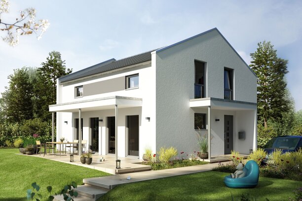 Visualisierung des Hauskonzepts MEDLEY 201 A S160 von FingerHaus mit heller Putzfassade und Garten.