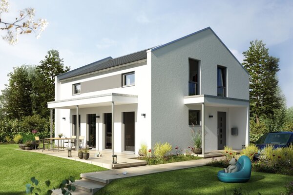 Visualisierung des Hauskonzepts MEDLEY 201 A S160 von FingerHaus mit heller Putzfassade und Garten.