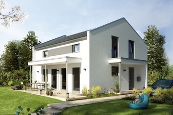 Visualisierung des Hauskonzepts MEDLEY 201 A S160 von FingerHaus mit heller Putzfassade und Garten.