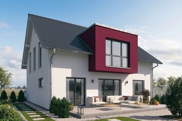 FingerHaus SENTO 400 – modernes Einfamilienhaus mit Satteldach, heller Putzfassade und markantem roten Fassadenelement über dem Terrassenbereich. Im Garten sind Rasen, Pflanzflächen und Wegplatten sichtbar.
