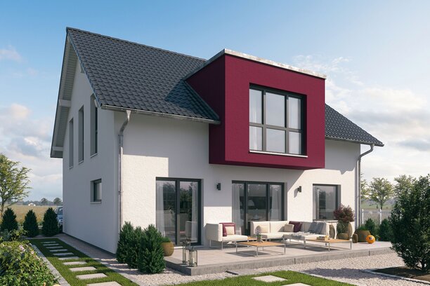 FingerHaus SENTO 400 – modernes Einfamilienhaus mit Satteldach, heller Putzfassade und markantem roten Fassadenelement über dem Terrassenbereich. Im Garten sind Rasen, Pflanzflächen und Wegplatten sichtbar.