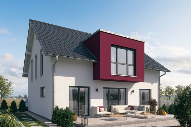 FingerHaus SENTO 400 – modernes Einfamilienhaus mit Satteldach, heller Putzfassade und markantem roten Fassadenelement über dem Terrassenbereich. Im Garten sind Rasen, Pflanzflächen und Wegplatten sichtbar.