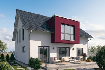 FingerHaus SENTO 400 – modernes Einfamilienhaus mit Satteldach, heller Putzfassade und markantem roten Fassadenelement über dem Terrassenbereich. Im Garten sind Rasen, Pflanzflächen und Wegplatten sichtbar.