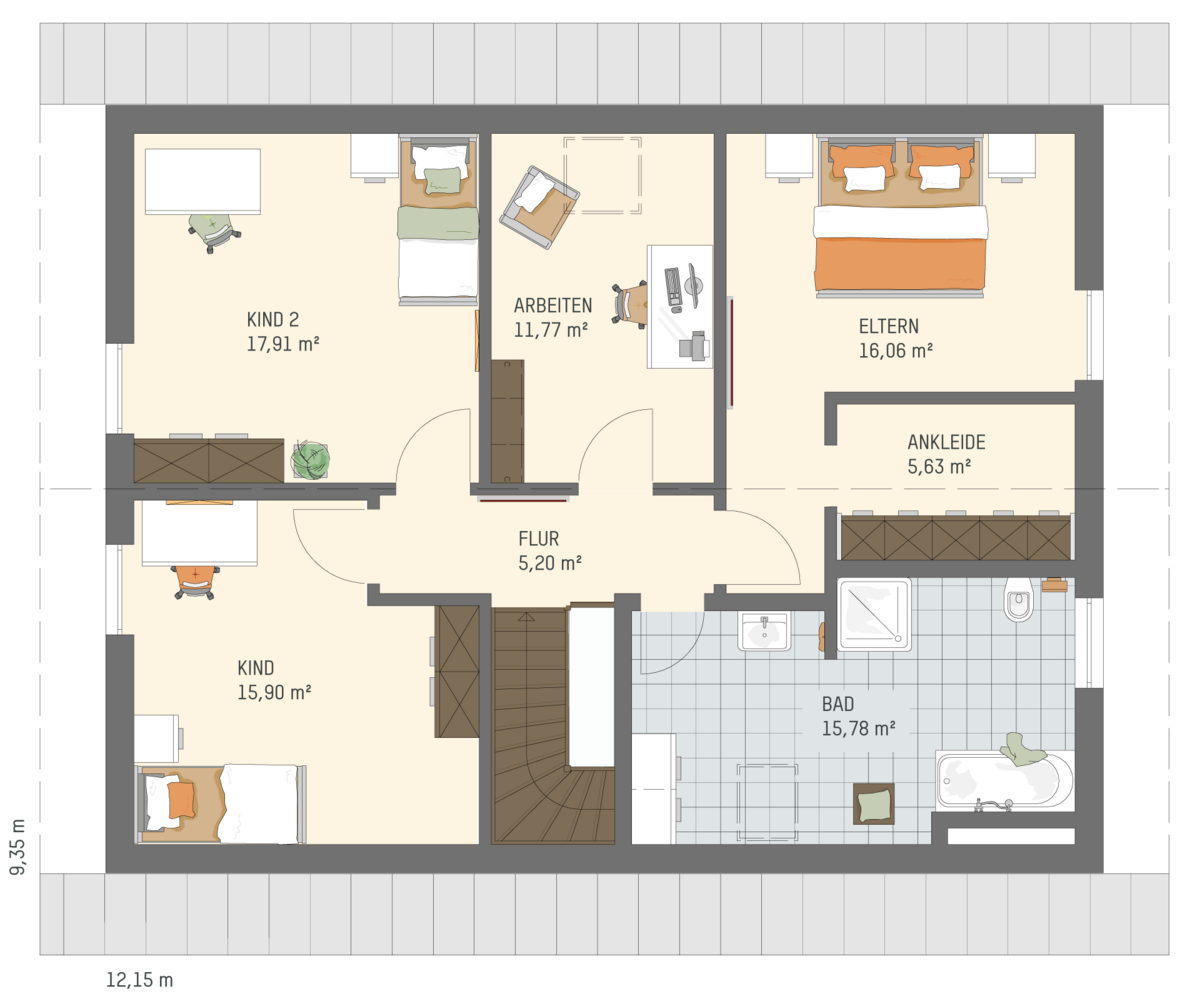 FingerHaus Grundriss Dachgeschoss VIO 521 S130 ut Arbeitszimmer und Ankleide
