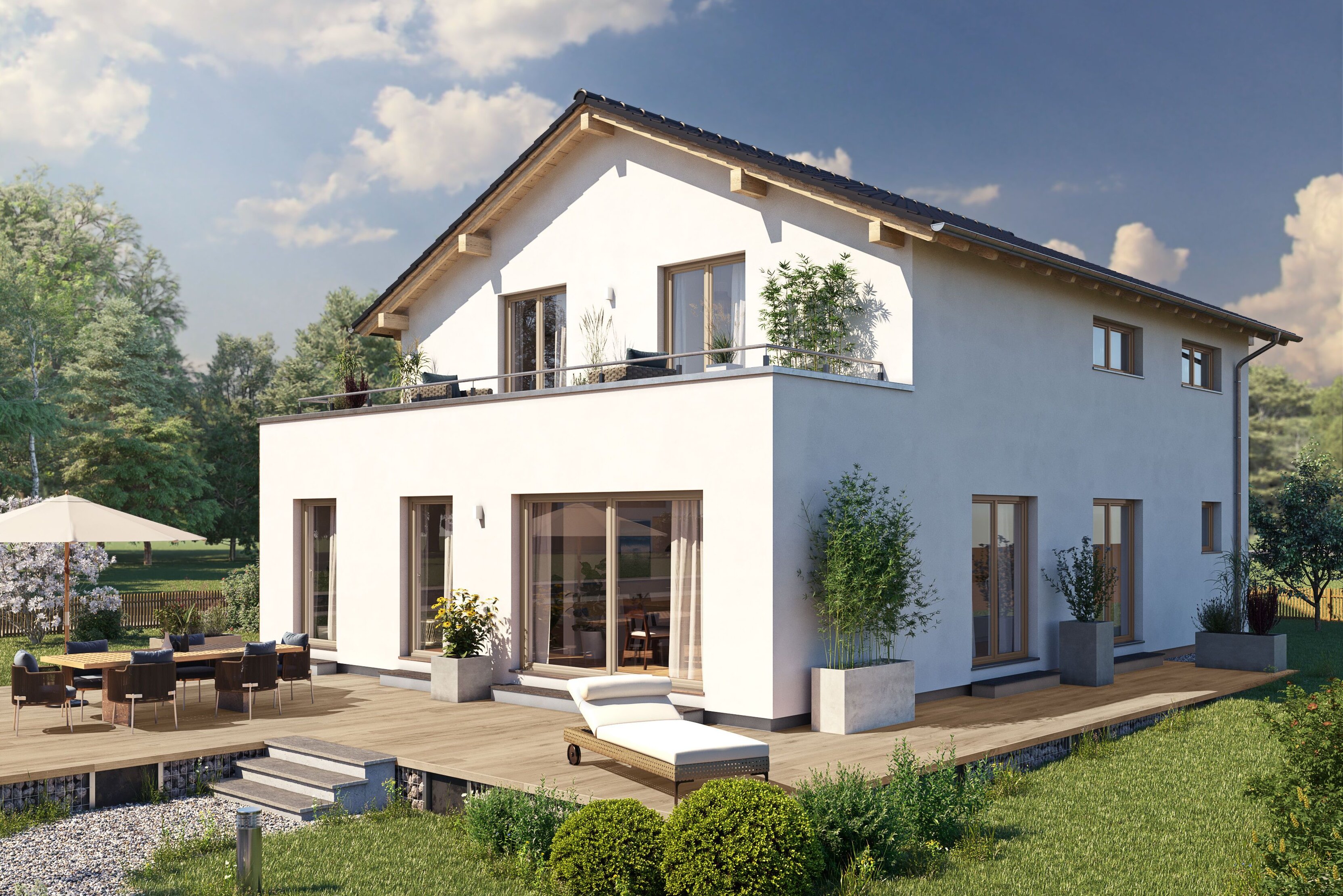 Visualisierung des FingerHaus ARTIS 350 S215 mit heller Putzfassade, Satteldach, Balkon und großer Terrasse im Garten.