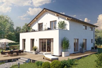 Visualisierung des FingerHaus ARTIS 350 S215 mit heller Putzfassade, Satteldach, Balkon und großer Terrasse im Garten.