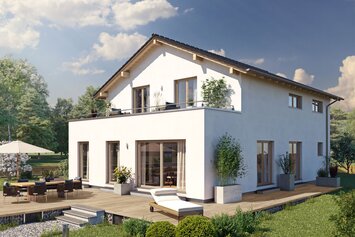Visualisierung des FingerHaus ARTIS 350 S215 mit heller Putzfassade, Satteldach, Balkon und großer Terrasse im Garten.