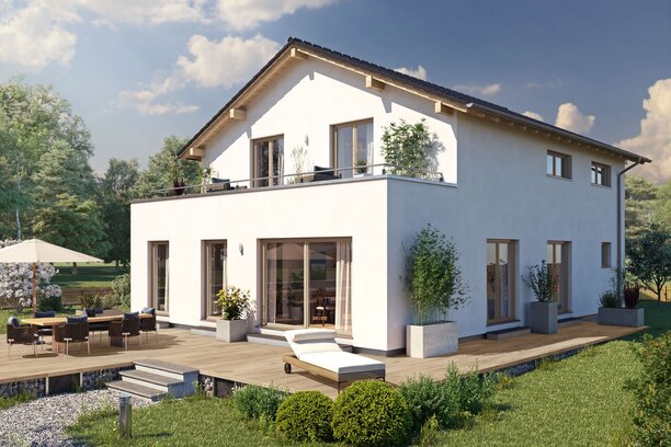 Visualisierung des FingerHaus ARTIS 350 S215 mit heller Putzfassade, Satteldach, Balkon und großer Terrasse im Garten.