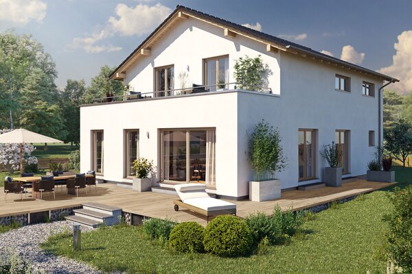 Visualisierung des FingerHaus ARTIS 350 S215 mit heller Putzfassade, Satteldach, Balkon und großer Terrasse im Garten.