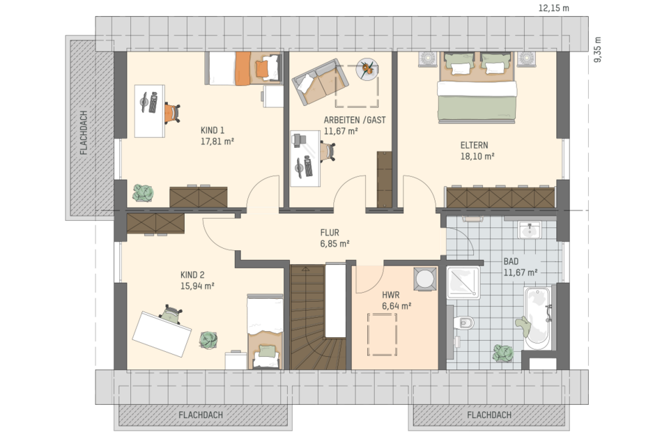 Grundriss Dachgeschoss Hausmodell ALTERO 6 mit Flur, zwei Kinderzimmern, Schlafzimmer, Arbeitszimmer und Bad.