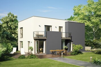 Fotorealistische Visualisierung des modernen FingerHaus AT 200 mit klarer, kubischer Architektur. Das zweigeschossige Haus besitzt Balkone, große Fensterfronten und eine Holzterrasse, umgeben von einem gepflegten Garten unter blauem Himmel.