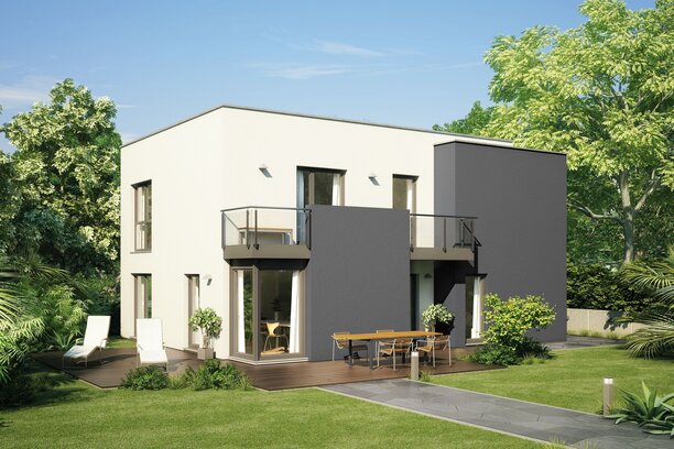 Fotorealistische Visualisierung des modernen FingerHaus AT 200 mit klarer, kubischer Architektur. Das zweigeschossige Haus besitzt Balkone, große Fensterfronten und eine Holzterrasse, umgeben von einem gepflegten Garten unter blauem Himmel.