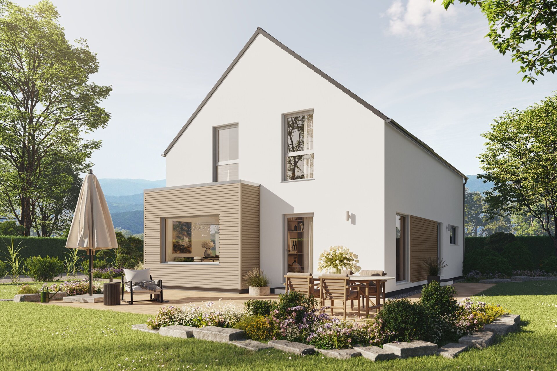 Fertighaus FingerHaus LIV 201 mit heller Fassade, dunklem Dach und Terrasse mit Sonnenschirm im sonnigen Garten mit Pflanzen und Blumen.