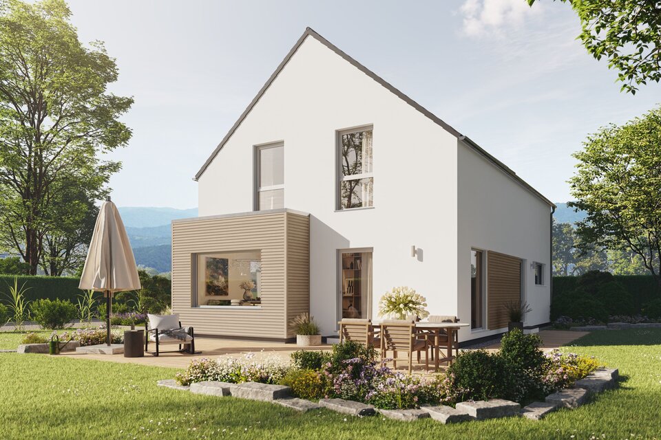 Fertighaus FingerHaus LIV 201 mit heller Fassade, dunklem Dach und Terrasse mit Sonnenschirm im sonnigen Garten mit Pflanzen und Blumen.