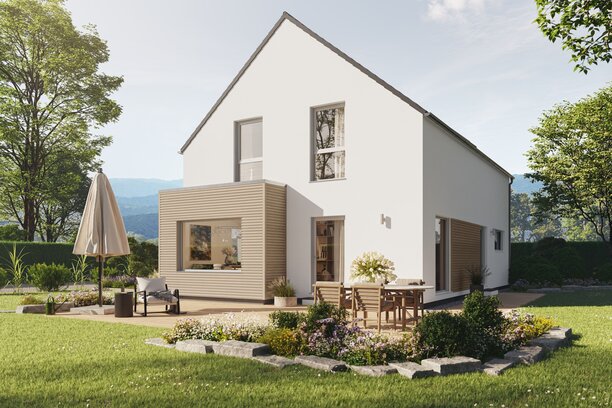 Fertighaus FingerHaus LIV 201 mit heller Fassade, dunklem Dach und Terrasse mit Sonnenschirm im sonnigen Garten mit Pflanzen und Blumen.