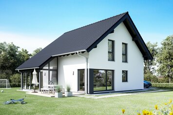 FingerHaus VIO 200 – klassisches Einfamilienhaus mit Satteldach, heller Fassade und bodentiefen Fenstern. Im Garten sind Terrasse, Rasenfläche und Blumenbeete zu sehen.