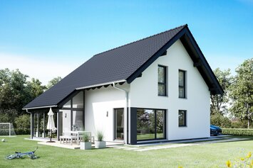 FingerHaus VIO 200 – klassisches Einfamilienhaus mit Satteldach, heller Fassade und bodentiefen Fenstern. Im Garten sind Terrasse, Rasenfläche und Blumenbeete zu sehen.