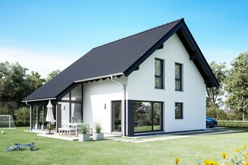 FingerHaus VIO 200 – klassisches Einfamilienhaus mit Satteldach, heller Fassade und bodentiefen Fenstern. Im Garten sind Terrasse, Rasenfläche und Blumenbeete zu sehen.