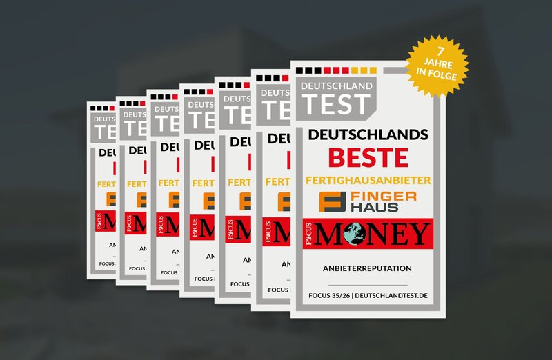 Grafik mit sieben „Deutschlands Beste“-Auszeichnungen für FingerHaus als Fertighausanbieter; hervorgehoben ist die Auszeichnung für sieben Jahre in Folge.