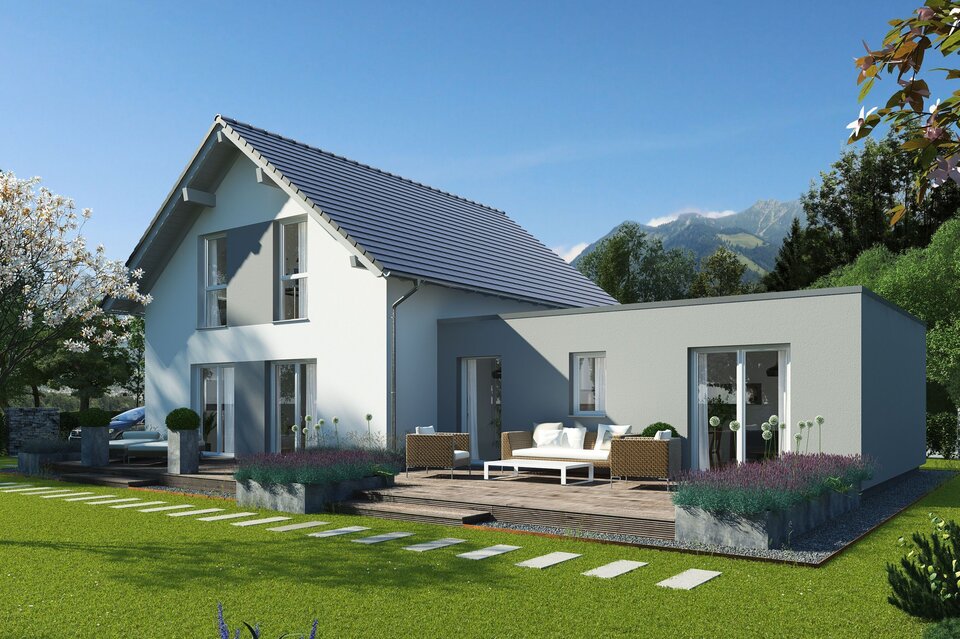 FingerHaus ALTERO 1 – Einfamilienhaus mit Einliegerwohnung, Satteldach, heller Fassade und bodentiefen Fenstern. Der Garten zeigt eine große Rasenfläche, Blumenbeete und eine Terrasse mit Sitzbereich.
