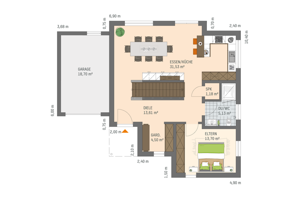 Grundriss eines Erdgeschosses mit Garage, Diele, Garderobe, offenem Ess- und Küchenbereich, Speisekammer, Duschbad mit WC und Elternschlafzimmer mit Doppelbett