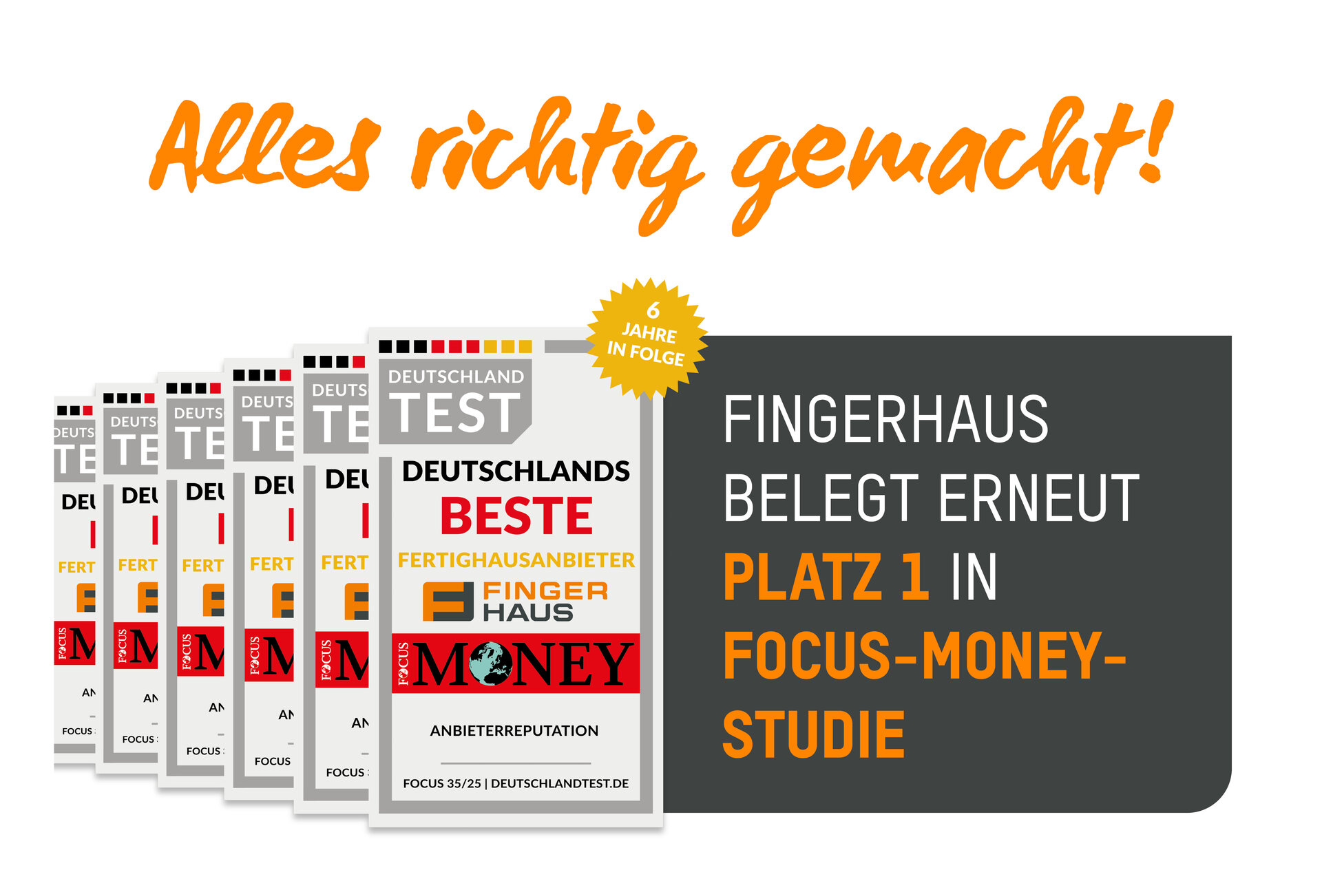 Sieben Auszeichnungen mit dem Schriftzug 'DEUTSCHLANDS BESTE FERTIGHAUSANBIETER' und 'FOCUS MONEY' sowie der Text 'FINGERHAUS BELEGT ERNEUT PLATZ 1 IN FOCUS-MONEY-STUDIE'