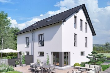 FingerHaus Hauskonzept DUO 210 als moderne Doppelhaushälfte mit weißer Putzfassade, dunklem Satteldach, großer Terrasse mit Lounge-Bereich, Esstisch und gepflegtem Garten bei sonnigem Wetter.  
