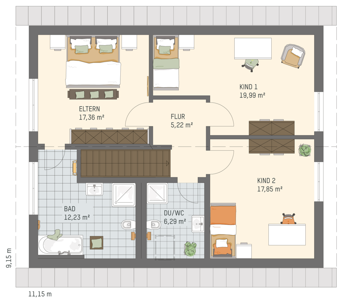 Grundriss Dachgeschoss FingerHaus nEO 312 mit zwei Badezimmer