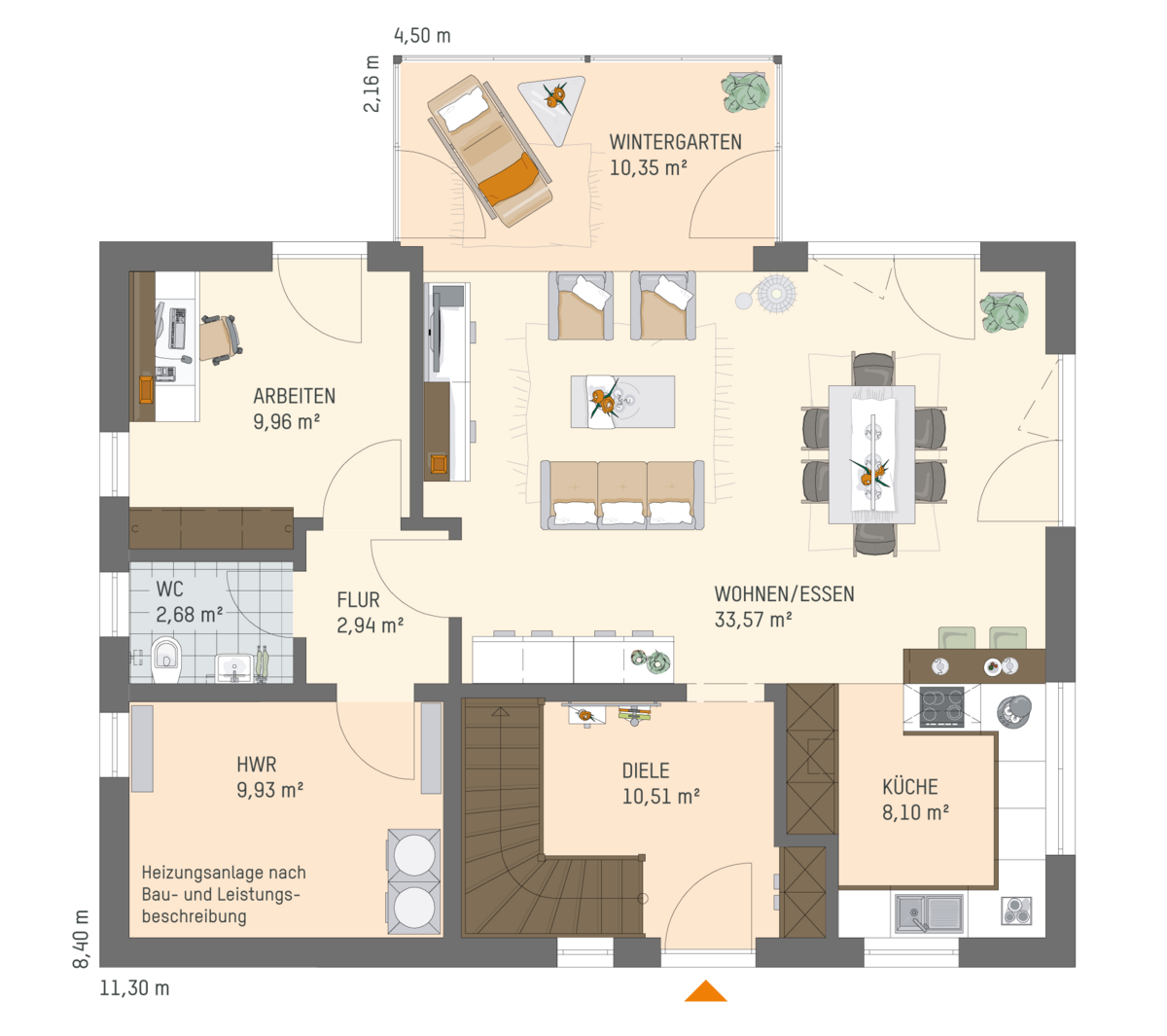 Grundriss des Einfamilienhauses JUNO 100 von FingerHaus mit Wintergarten, Wohn- und Essbereich, Küche, Arbeitszimmer, WC, Hauswirtschaftsraum, Flur und Diele mit Treppe in der Mitte