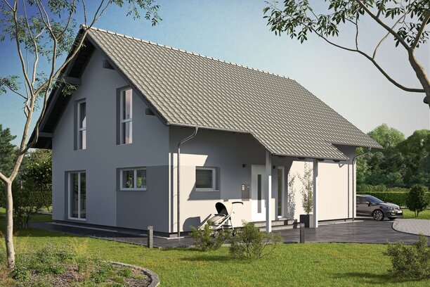 Fertighaus FingerHaus JUNO 402 mit hellgrauer Fassade, Satteldach und geschwungener Gartenanlage mit Rasen und Beeten im Sonnenschein.