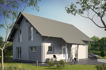 Fertighaus FingerHaus JUNO 402 mit hellgrauer Fassade, Satteldach und geschwungener Gartenanlage mit Rasen und Beeten im Sonnenschein.