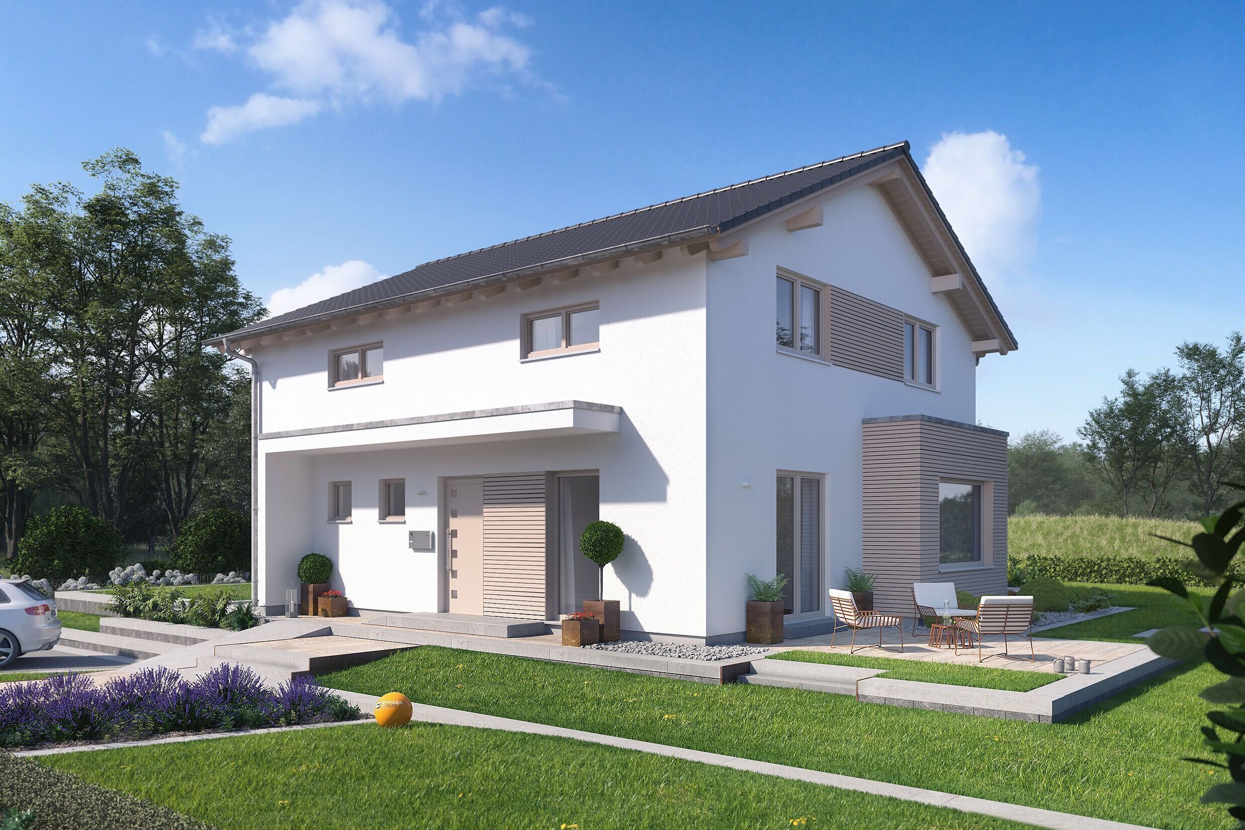 FingerHaus SENTO 500 – Musterhaus mit Satteldach, heller Putzfassade und braunen Akzentflächen. Auffällig sind der seitliche Erker mit Flachdach und große Fensterfronten. Im Vordergrund gepflegter Vorgarten mit Rasen und Pflanzflächen.  