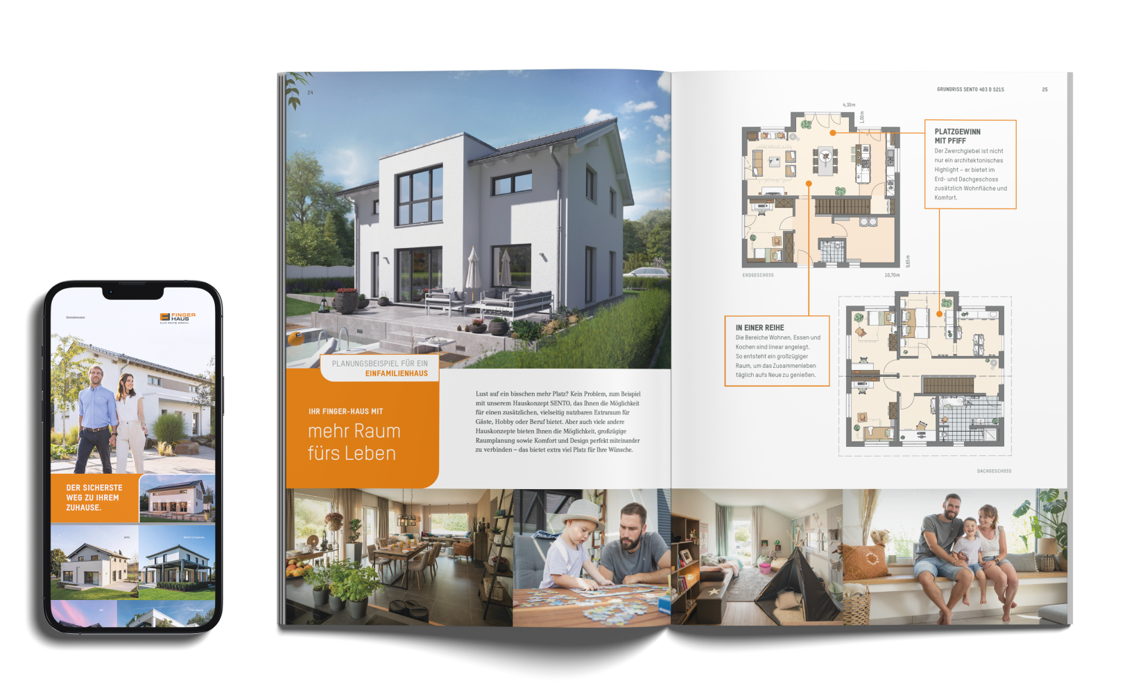 Mock-up-Darstellung mit Smartphone und aufgeschlagener Broschüre, sichtbar sind Hausvisualisierung, Grundrisse, Textseiten und mehrere Wohnszenen