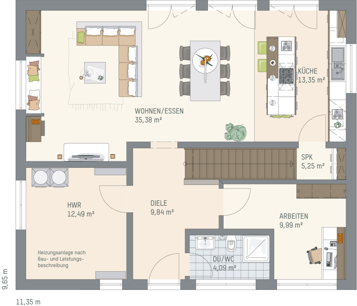 Grundriss Erdgeschoss Hausmodell SENTO 504 K mit Wohn-Essbereich, Küche, Diele, Arbeitszimmer, Hauswirtschaftsraum und WC.