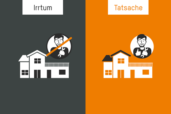 Zweigeteilte Grafik mit links der Überschrift \'Irrtum\' auf dunkelgrauem Hintergrund und rechts \'Tatsache\' auf orangefarbenem Hintergrund, jeweils mit stilisiertem Haus und rundem Porträt eines Mannes, links durchgestrichen, rechts ohne Durchstreichung