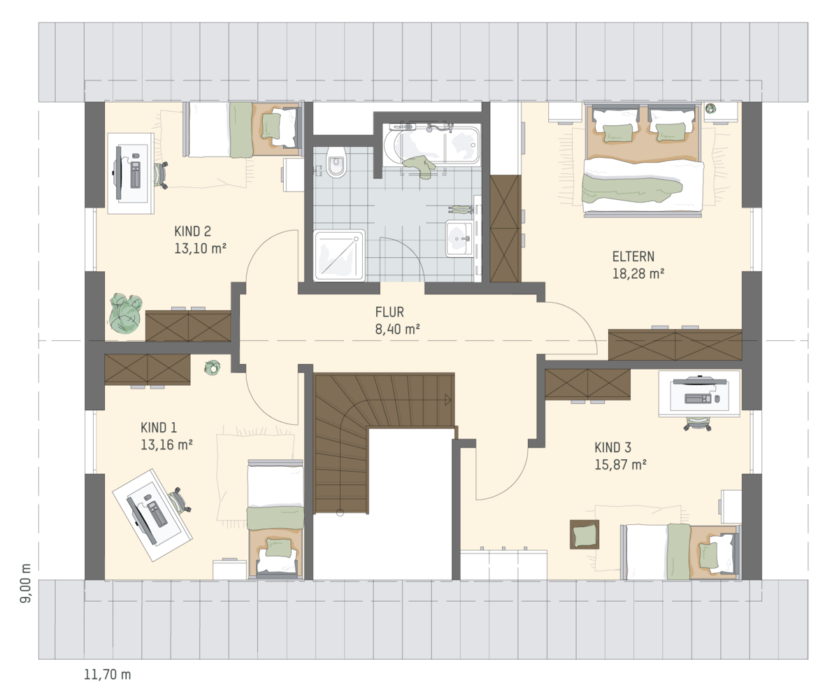 Grundriss des FingerHaus Einfamilienhaus JUNO 401 mit vier Schlafzimmern, zentralem Flur und Badezimmer.