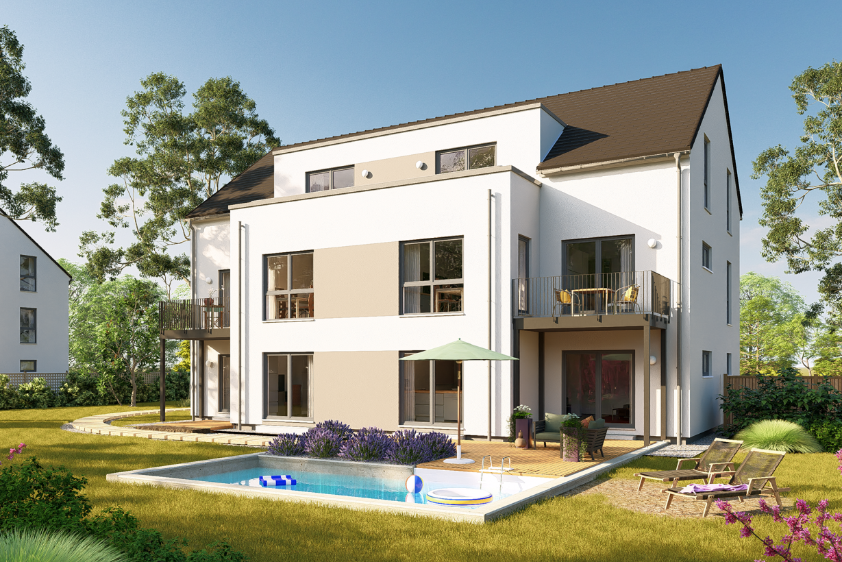 FingerHaus URBIS 500 mit klassischem Satteldach, heller Fassade und großzügiger Gartenterrasse.