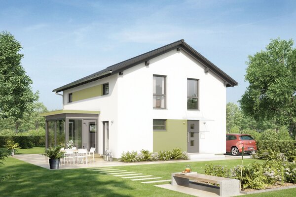 Visualisierung des FingerHaus MEDLEY 3.0 201 mit weißer Fassade, Satteldach, Terrasse und weitläufigem Garten.
