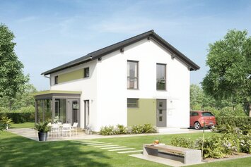 Visualisierung des FingerHaus MEDLEY 3.0 201 mit weißer Fassade, Satteldach, Terrasse und weitläufigem Garten.