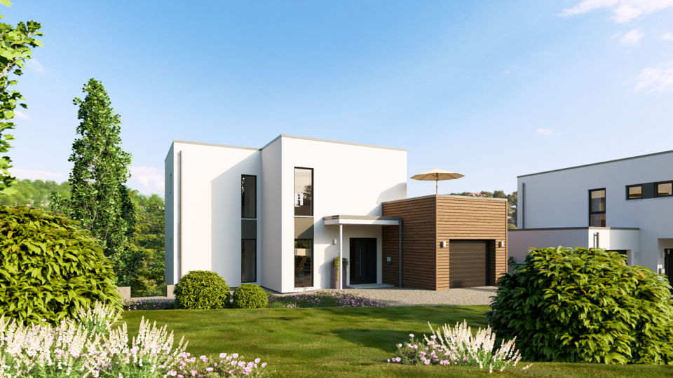 Visualisierung eines modernen Flachdachhauses mit weißer Fassade und Holzverkleidung im Neubaugebiet Marburg-Wehrda. Vor dem Haus liegt ein gepflegter Garten mit Rasen, Sträuchern und blühenden Pflanzen.