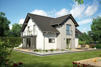 Außenvisualisierung des Hauskonzepts MEDLEY 401 D S100 von FingerHaus mit Zwerchgiebel und gepflegtem Garten.