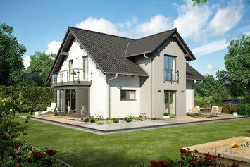 Außenvisualisierung des Hauskonzepts MEDLEY 401 D S100 von FingerHaus mit Zwerchgiebel und gepflegtem Garten.