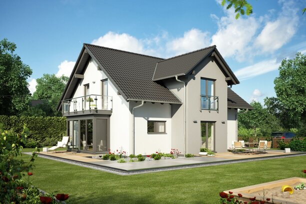 Außenvisualisierung des Hauskonzepts MEDLEY 401 D S100 von FingerHaus mit Zwerchgiebel und gepflegtem Garten.