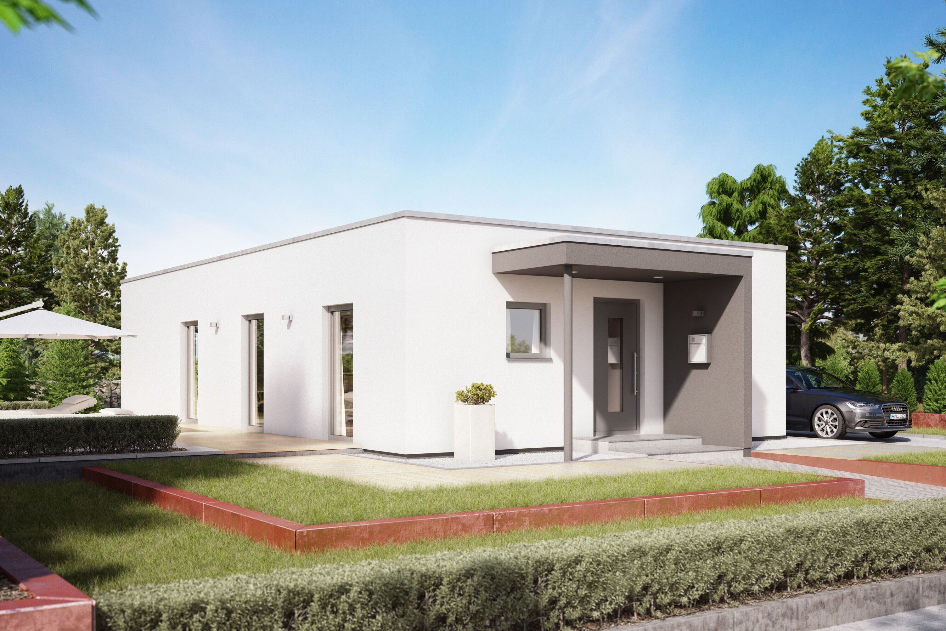 Fotorealistische Visualisierung des FingerHaus NIVO 95 F, eines modernen Bungalows mit Flachdach und klarer Architektur. Das Haus verfügt über einen überdachten Eingangsbereich und ist in eine gepflegte Gartenlandschaft mit Einfahrt eingebettet.