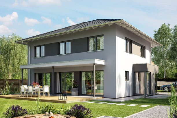 FingerHaus MEDLEY 410 – zweigeschossiges Einfamilienhaus mit Walmdach, hellgrauer Fassade und überdachter Terrasse. Im Garten befinden sich eine Rasenfläche, ein Sandspielplatz und Sitzmöbel.