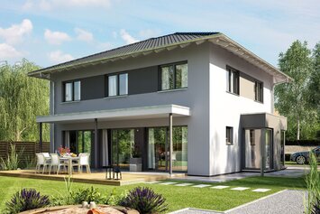 FingerHaus MEDLEY 410 – zweigeschossiges Einfamilienhaus mit Walmdach, hellgrauer Fassade und überdachter Terrasse. Im Garten befinden sich eine Rasenfläche, ein Sandspielplatz und Sitzmöbel.