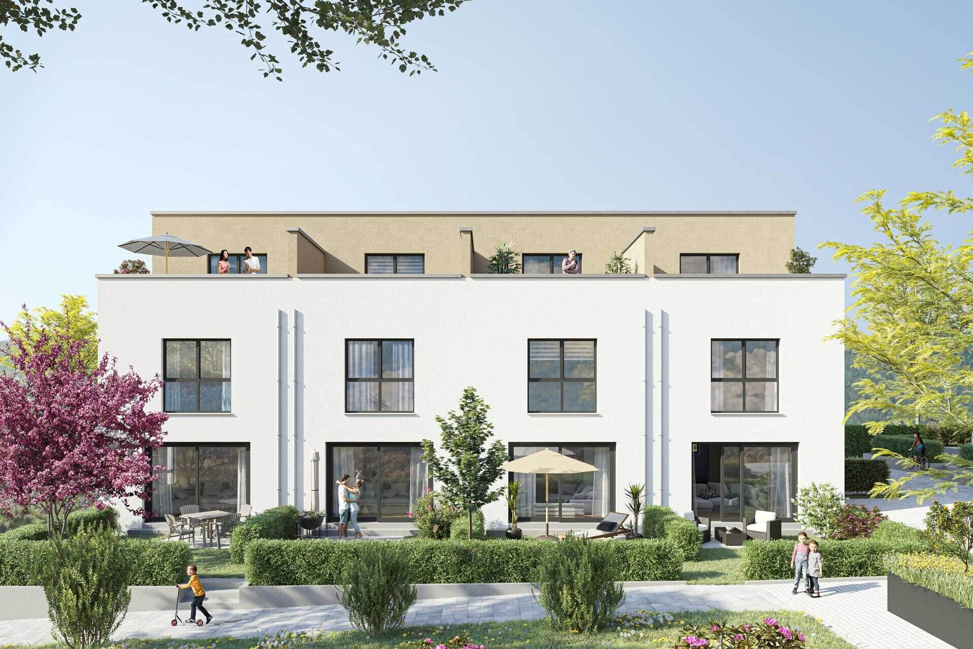Visualisierung des Wohngebiets „Ob der Haide“ in Ostfildern – moderne Reihenhäuser in Holzrahmenbauweise mit Dachterrassen und begrünten Außenanlagen, realisiert in Kooperation mit Mörk.