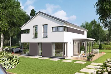 FingerHaus MEDLEY 410 – modernes zweigeschossiges Einfamilienhaus mit Satteldach, weiß-grauer Fassade und großen Fenstern. Im Garten befinden sich eine Terrasse mit Sitzmöbeln, ein Spielbereich mit Rutsche, Rasenfläche und Steinweg.